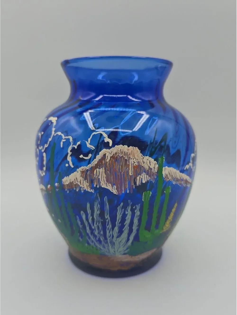Vintage Indiana Glass Illusions Cobalt Blue Handpainted Desert Vase 5.5